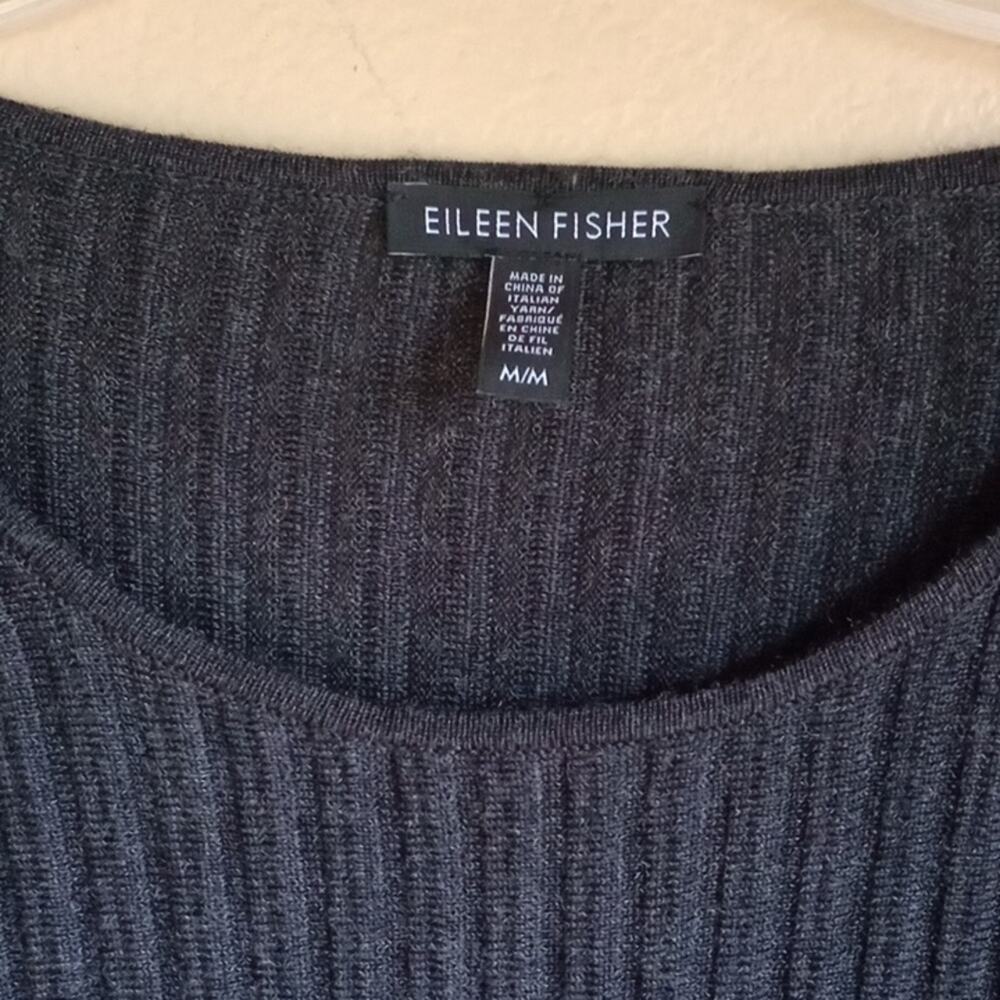 Eileen Fisher Charcoal Ribbed Sweater 3/4 sleeve crew neck Merino Wool size M - Picture 2 of 6